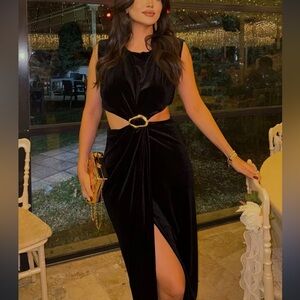 Zara Elegant Black Midi Dress with Gold Accent